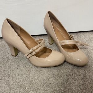 Chic Nude Women's Heels with Straps & Rose Gold Buckles